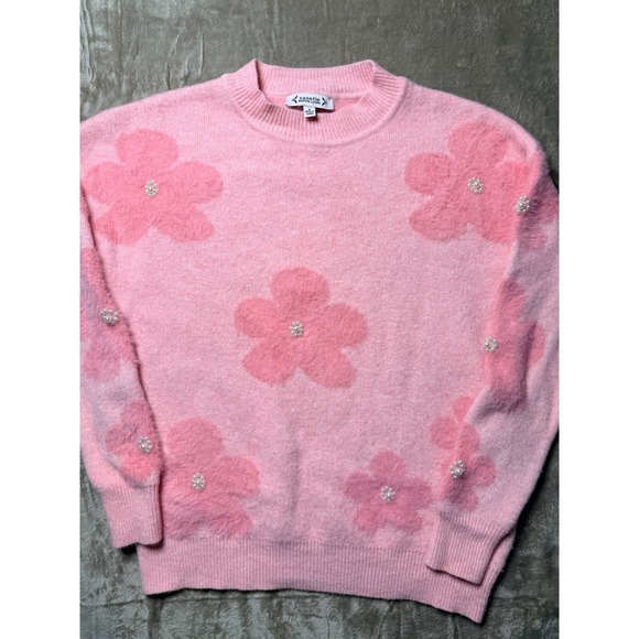 Nanette Lepore Sweaters - Nanette‎ Lepore Womens Pink Floral Embellished Fuzzy Crewneck Coquette SIZE S